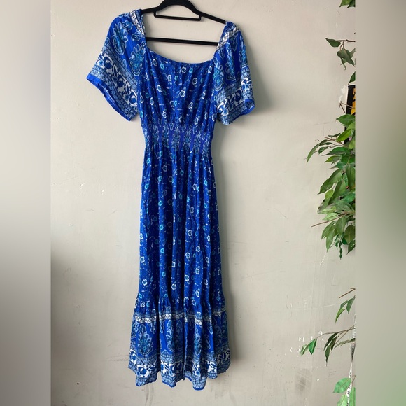 Rusttydustty Blue Floral Paisley Cutout Maxi Dress XL Boho Vacation Tie Front - Picture 4 of 14